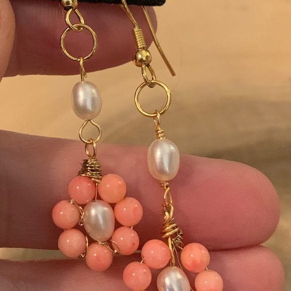 Handmade Coral and Pearl Flower Earrings - Picture 7 of 7